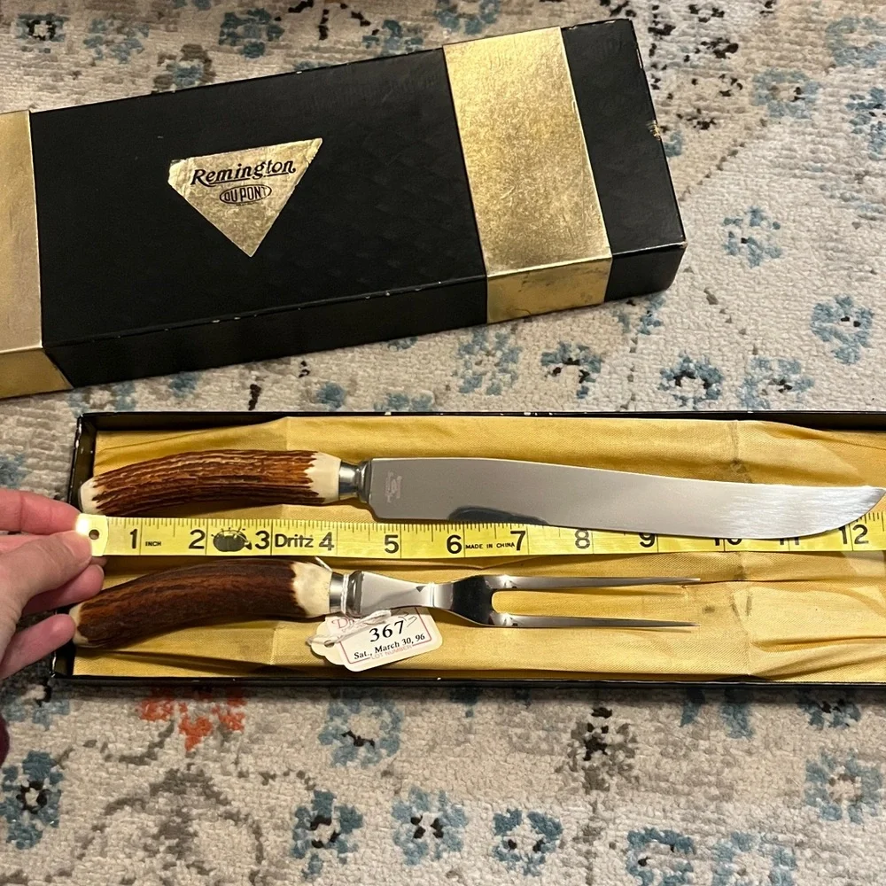 Vintage Remington Antler Handle Knife and Fork Set in Black and Gold Box - Picture 11 of 17